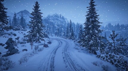 Snow-covered mountain road winding through a snowy pine forest at twilight.