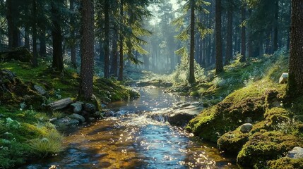 Fototapeta premium Sunlit stream flows through mossy forest. (4)