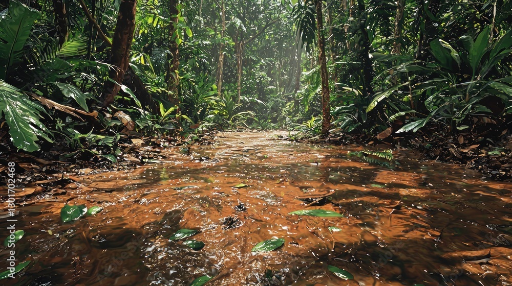 Poster lush rainforest path with shallow stream.