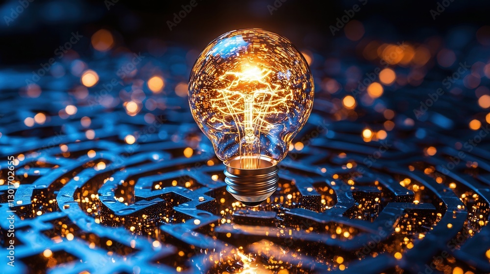 Poster intricate complex maze like design with a bright luminous light bulb in the center symbolizing creat