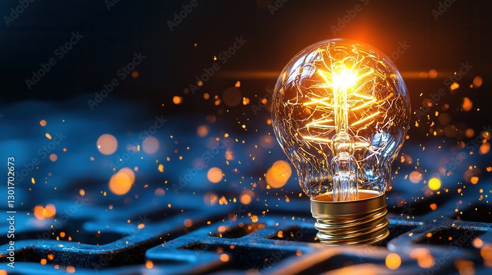 Poster intricate maze design with a bright glowing light bulb at the center symbolizing the spark of creati