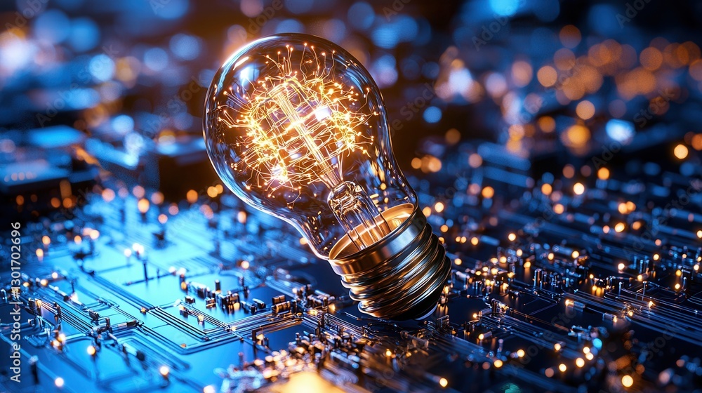 Poster an intricate maze like design filled with a bright glowing light bulb representing the concept of in