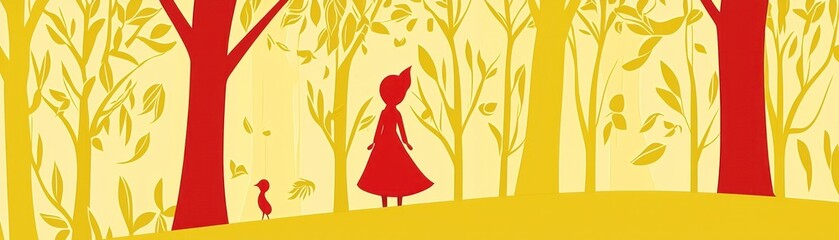 Girl in red dress autumn forest illustration