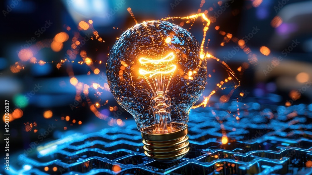 Poster intricately designed maze structure composed of warm glowing light bulbs representing the interconne