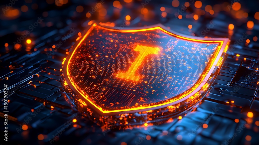 Poster Digital glowing shield protecting data on circuit board background