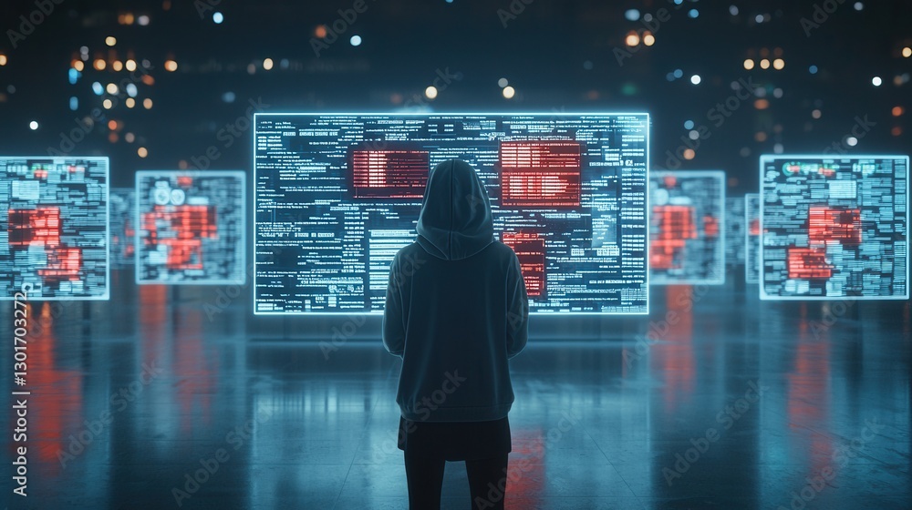 Poster mysterious anonymous cybercriminal figure standing in front of a dark moody digital landscape filled