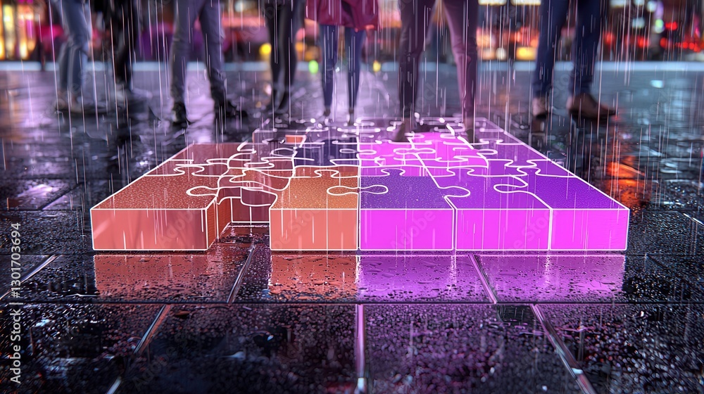 Poster futuristic digital art display featuring an enormous 3d puzzle in a vibrant cityscape the image show