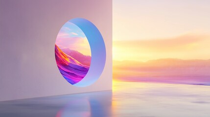 A perfectly round hole in a blank white wall, revealing a breathtaking colorful landscape beyond