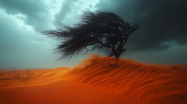 Lone tree in desert windstorm, dramatic sky.