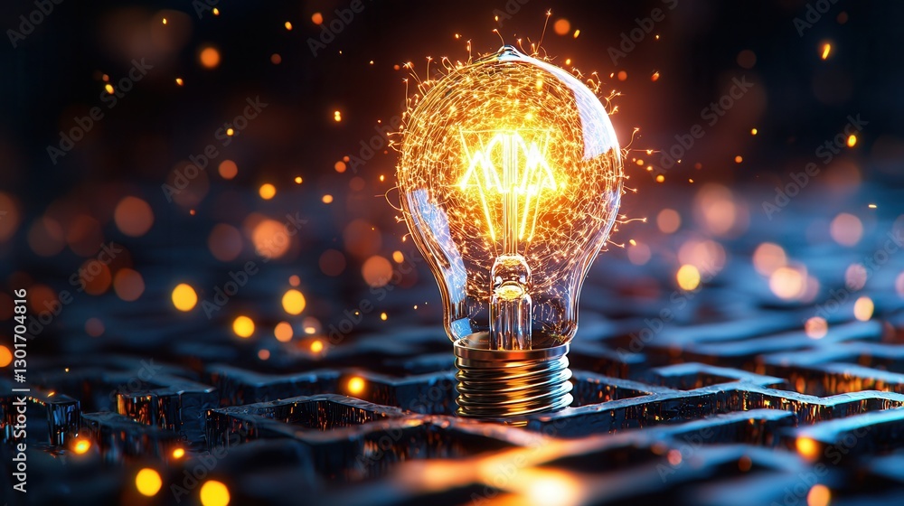 Poster closeup of a detailed and intricate digital circuit network with a captivating glowing light bulb sy