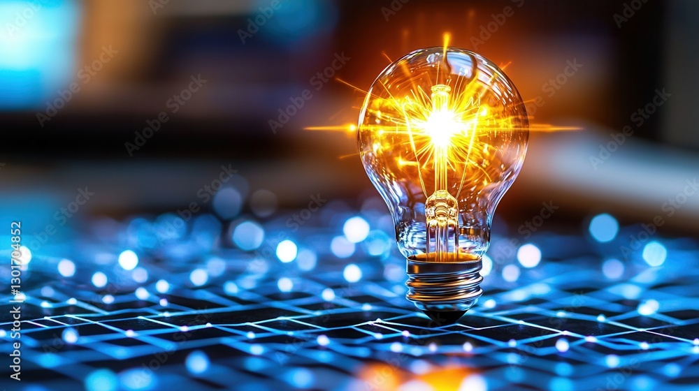 Poster close up view of a detailed intricate maze with a glowing illuminated light bulb at the center creat