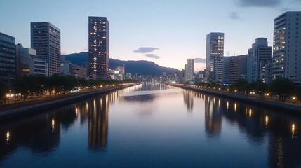 Naklejka premium City Canal Sunrise Reflection, Urban Landscape