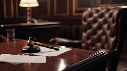 Judge's gavel on desk in ornate courtroom