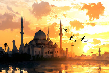 Sunset mosque Eid al-Adha concept art