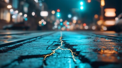 City street at night, cracked pavement, blurred lights. Use website background