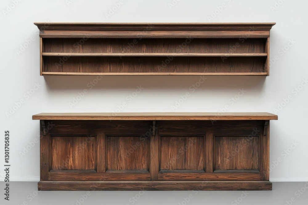 Poster front view of an empty shelf or counter on a white wall background offering a clean and modern desig