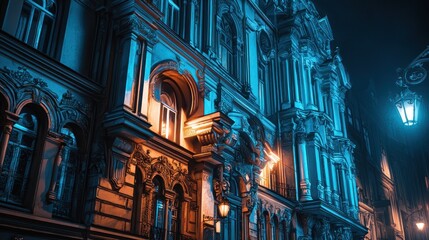 Fototapeta premium Night view of ornate, illuminated building.