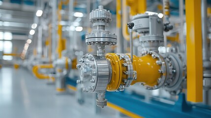 Close up view of industrial metal nozzles and valves in a complex refinery pipeline system transferring and regulating the flow of raw crude oil or other petroleum products