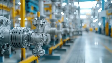 Fototapeta premium Close up detailed view of multiple industrial metallic nozzles transferring raw oil or other liquid material in a manufacturing refinery or processing plant facility Concept of energy production