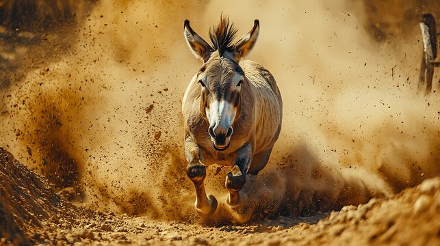 Donkey running through dust storm