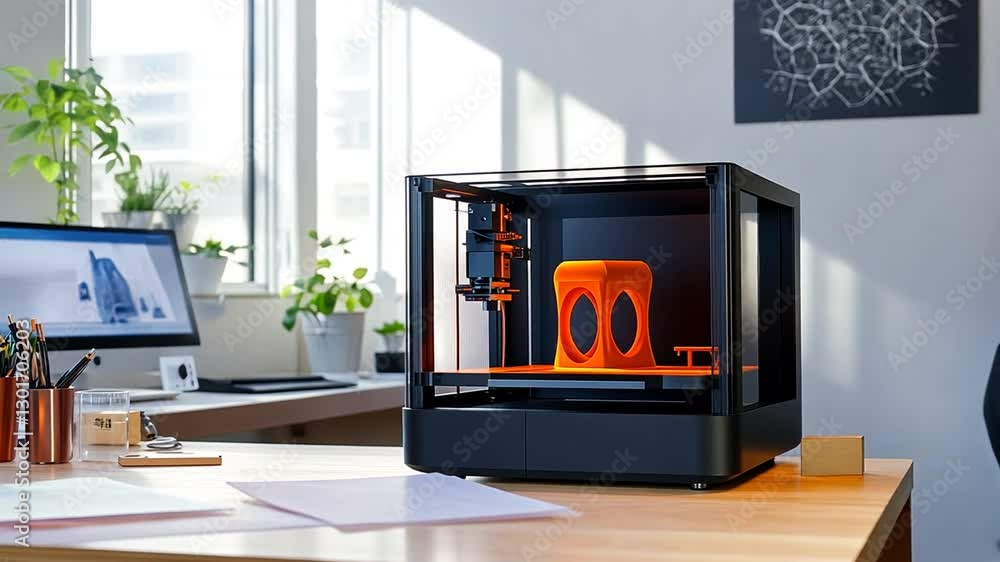 Poster modern 3d printer in bright workspace creating orange prototype model innovation