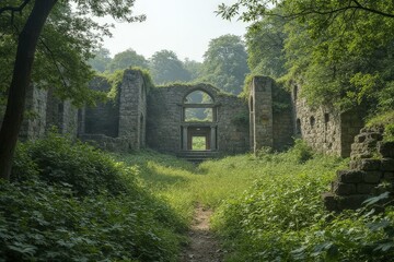 Dilapidated Stone Building Covered in Ivy with Secluded Path