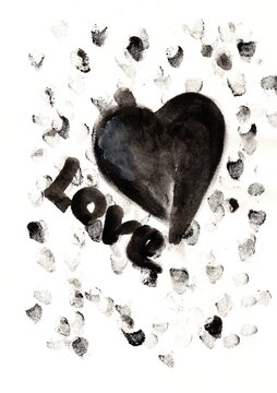 Fototapeta Illustrations of hearts and inscriptions about love, made in different techniques.
