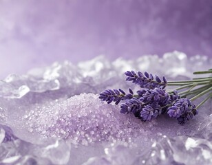 Delicate lavender sprigs on a bed of purple salt crystals, creating a calm and relaxing ambiance.