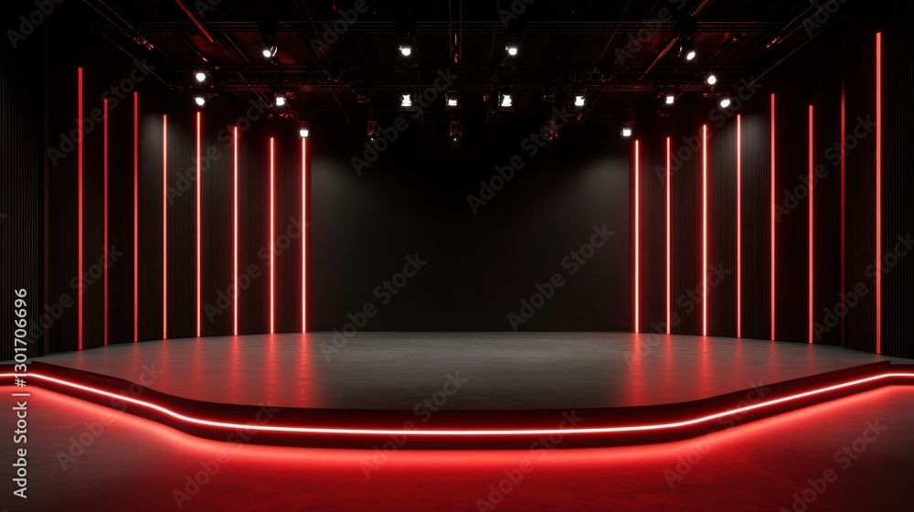 Poster illuminated stage set in a studio. neon lights and overhead stage lights create a dynamic look
