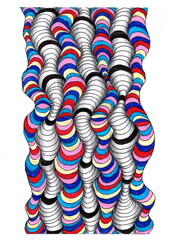 Abstract illustration in the form of curved segments, drawn with colored felt-tip pens, a black pen and a simple pencil.