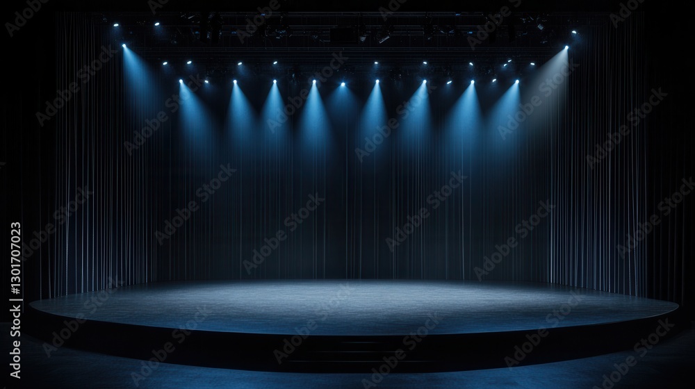 Poster illuminated stage with spotlights and a raised platform, ready for performance or presentation