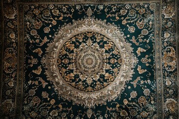 Obraz premium Detailed ornate rug with a dark green design.