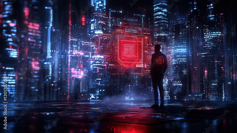 Poster hacker silhouette stands alone in a futuristic high tech digital city skyline with towering skyscrap