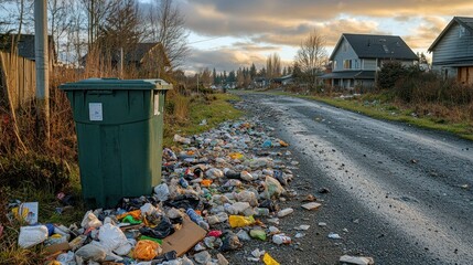 Littered residential street at sunset.