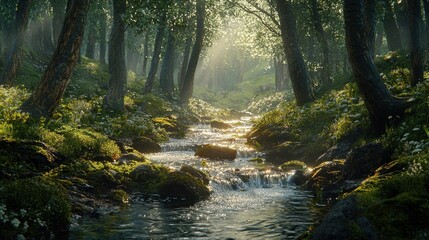 Obraz premium Sunlit stream flows through lush green forest. (1)