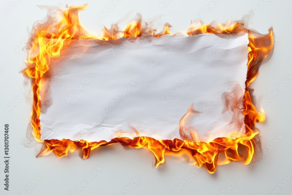 Poster flames burning through a sheet of paper isolated on a white background creating a striking and drama