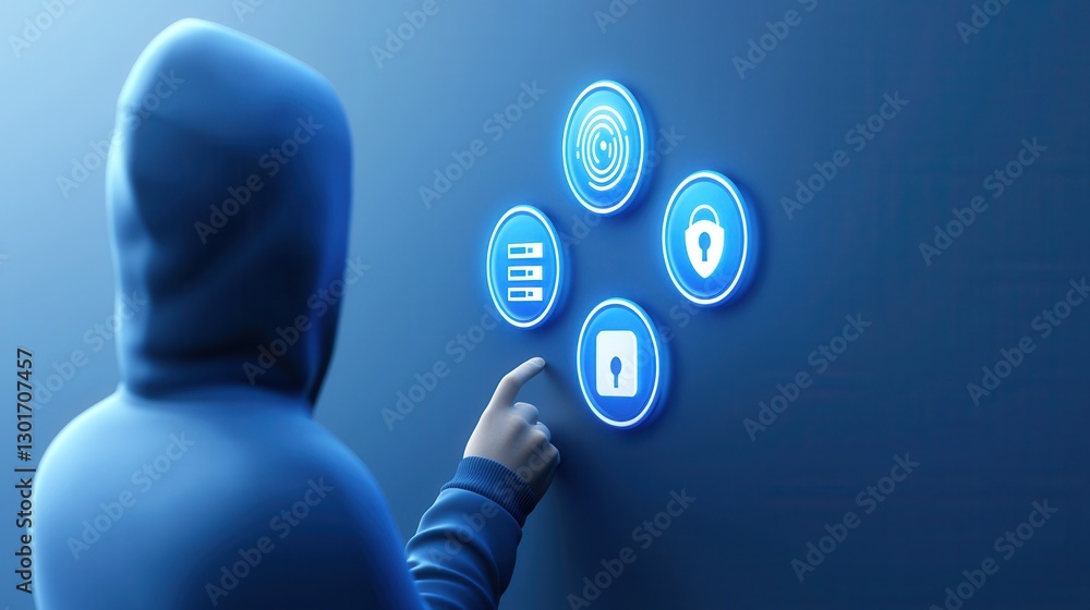 Poster cybersecurity breach concept featuring a hacker infiltrating a digital network of digital security t