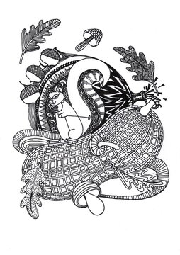 The illustration shows a squirrel sitting on a large nut or acorn, surrounded by many details.