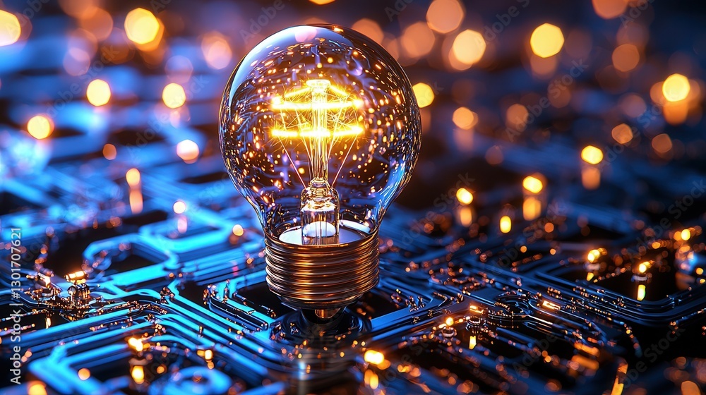 Poster close up view of a single glowing lightbulb sitting atop an intricately detailed circuit board symbo