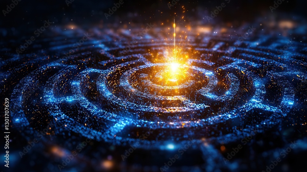 Poster intricate illuminated maze with glowing geometric patterns in a captivating cosmic visualization thi
