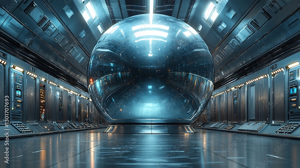 Poster futuristic spaceship corridor with large transparent sphere.