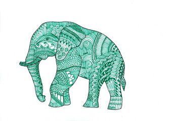 Illustration of an elephant in patterns drawn with green liner.
