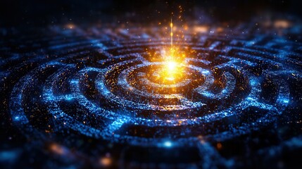 Intricate illuminated maze with glowing geometric patterns in a captivating cosmic visualization  This digital artwork evokes a sense of mystery complexity and the grandeur of the universe