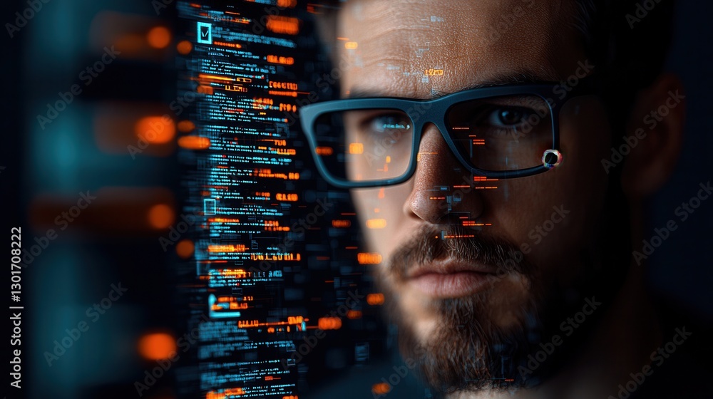 Poster digital hacker manipulating holographic identity in futuristic cyberpunk inspired interface a techno