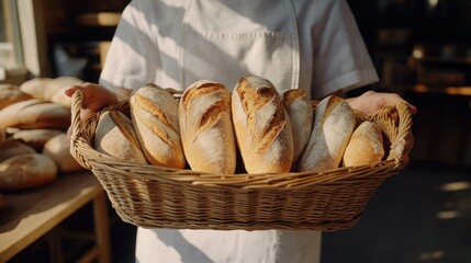 Baker holding basket of fresh loaves in bakery