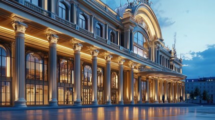 Fototapeta premium Elegant grand building at dusk, showcasing classical architecture with columns and lighting.