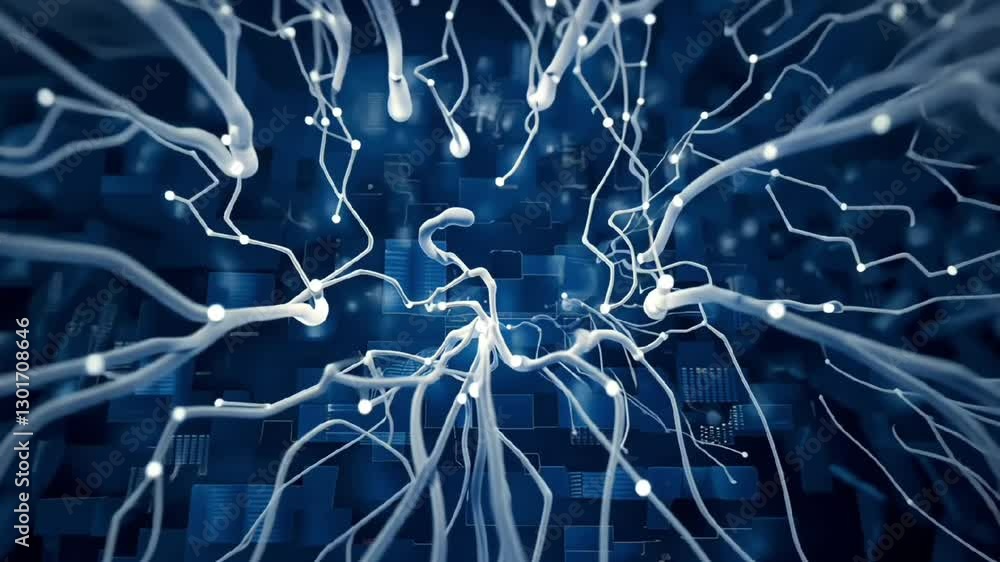 Poster futuristic blue electric neural network with glowing synapses and artificial intelligence