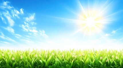 Fototapeta premium Sunny spring meadow landscape with vibrant sky