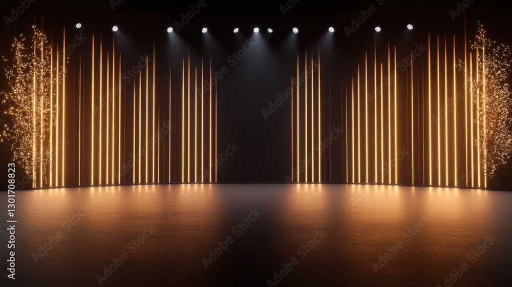 Poster illuminated stage with golden light pillars and shimmering sparks creating an atmosphere of festivit