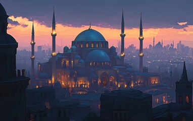 Naklejka premium Sunset view of a grand mosque in a bustling city.